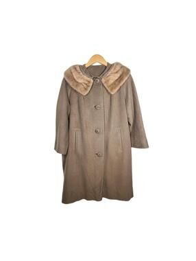 Vtg 100% Cashmere Coat 1960s Sable Mink Portrait Collar Taupe M L Satin Lined